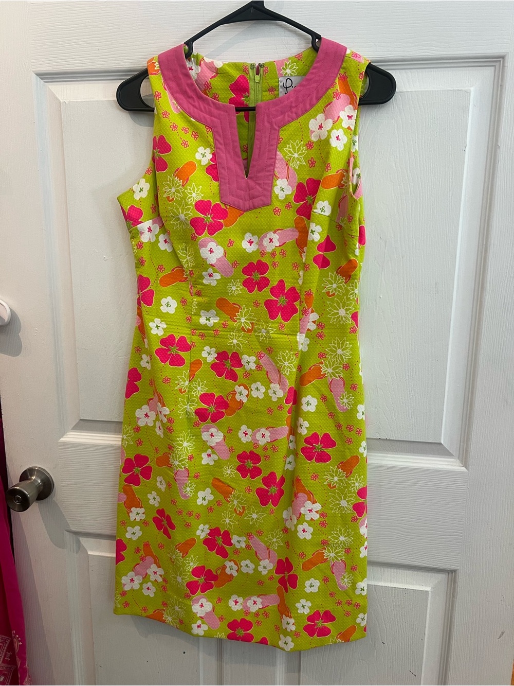 Lilly Pulitzer Lime Green Floral Sleeveless Shift with Pink Trim